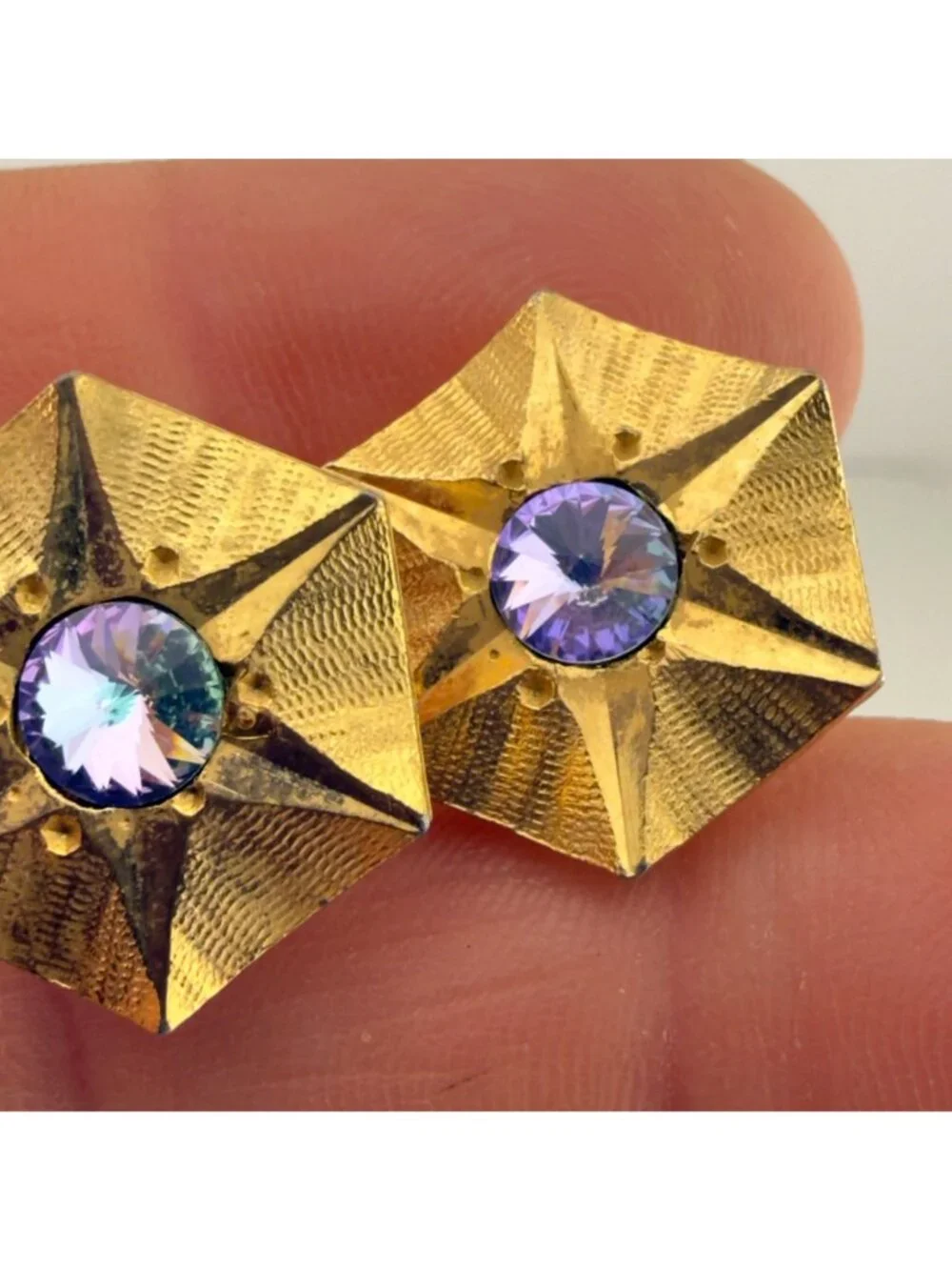 Vintage Gold Tone Hexagon Cufflinks Purple Rhinestone Mid Century